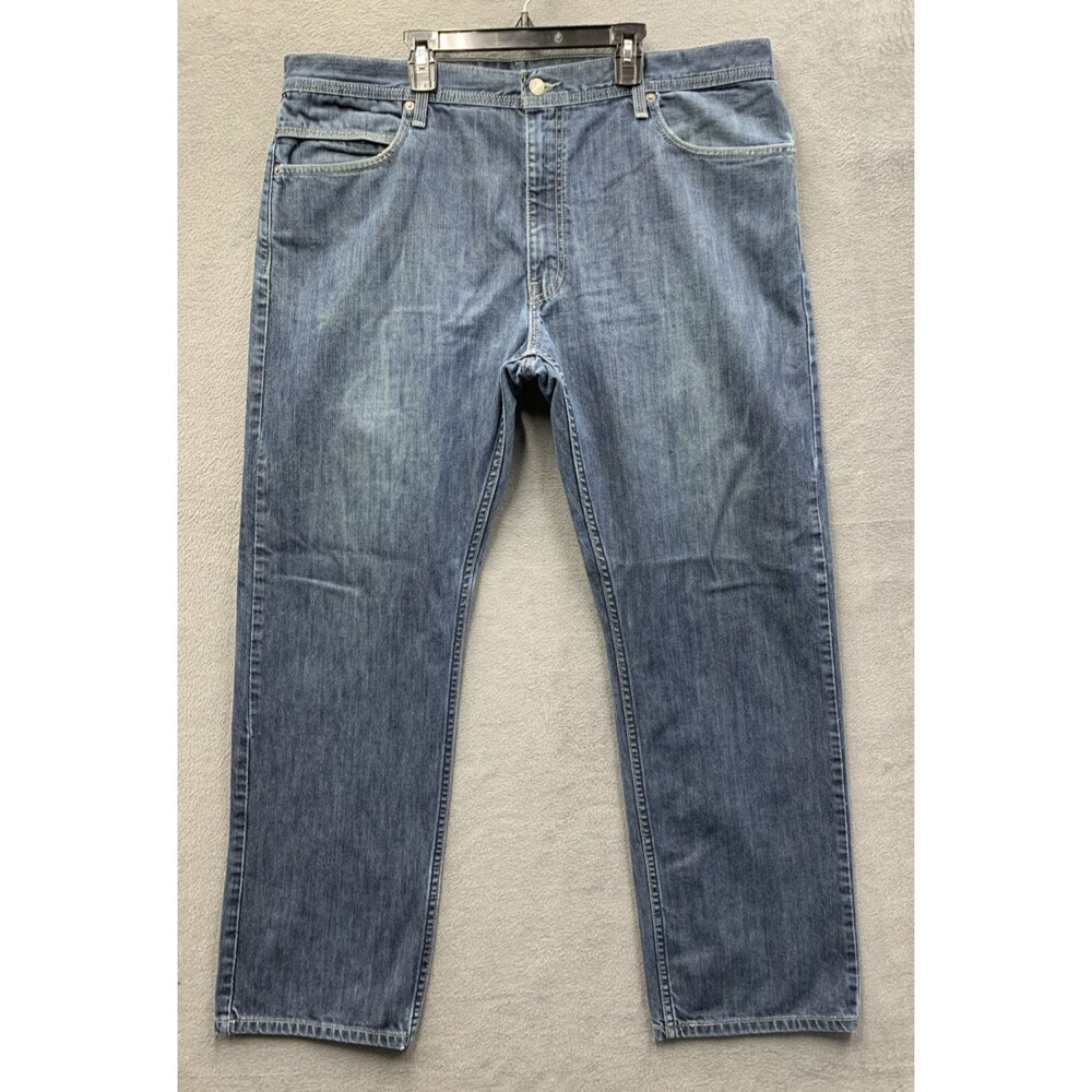 Levi's 514 Denim Jeans Blue Distressed Slim Straight Zip Pockets Size 42X32 Vtg - Picture 2 of 16
